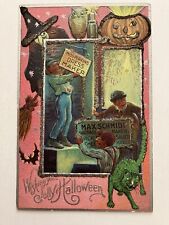 CIRCA 1910 NASH GREEN CAT HALLOWEEN POSTCARD #4 EMBOSSED GLITTER ADDED picture