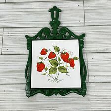 Vintage Strawberry Trivet Green Cast Iron Ceramic Tile Japan picture