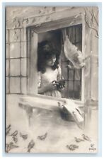 Postcard Studio RPPC Pretty Girl in Window w Birds Doves Posted 1910 picture