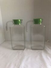 2 ARC Clear Thick Ribbed  Glass Refrigerator Jugs W/Green Hard Plastic Stoppers picture