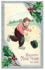 c.1907 A Happy New Year To You Vintage Postcard Embossed Boy Chasing Hat  picture