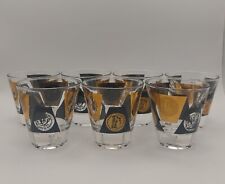 Set of 7 Vintage Cera Black Gold Coin Flared Shot Glasses Barware 2.75