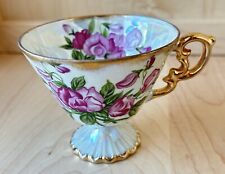Vintage April Sweet Pea Floral Iridescent Footed Tea Cup Gold Edge picture