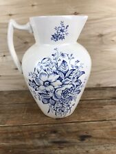 Vintage White Ceramic Pottery Pitcher Blue Floral Flowers 11 in Vase Large picture