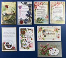 8 Lettering, Scenes, Flowers Birthday Antique Postcards. EMB, Gold. Messages picture