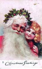 Santa Claus Girl Portrait Letters Christmas Postcard Antique 1908 Holly picture
