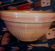 **AWESOME LG. ANTIQUE CROCK MIXING BOWL PINK BLUE STRIPE YELLOW WARE VERY NICE