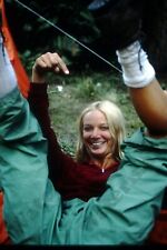 1975 candid of silly blonde woman outdoors Original 35mm SLIDE Wj8 picture