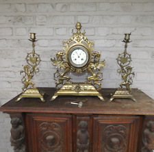 Antique French Bronze 19thc Heraldic Dragon mantel clock candle holders set rare picture