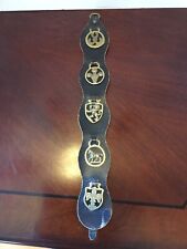5 Antique Brass Horse Harness Medallions On 17” Leather Strap  picture