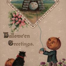Vtg 1910s Gottschalk Halloween Postcard JOL Pumpkin Head Man Strange Weird Gourd picture
