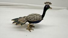 Work of Art Metal Peacock Jeweled Enamel Hinged Trinket Box Gold Green Red Decor picture