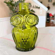 Vintage MCM Viking Glass & Rainbow Owl Bottle Avocado Green picture