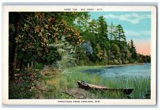 c1920 Big One Bites Greetings From Ashland Wisconsin Lake Boat Vintage Postcard picture