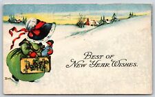 Best Of New Year Wishes~Artist M Dulk~Girl W/ Doll & Suitcase~PM 1918~Vintage PC picture