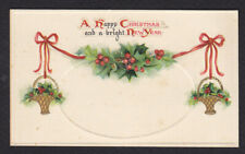 Christmas-New Year-Raphael Tuck-Card-Tag-Embossed-Holly Baskets-Garland-Antique picture