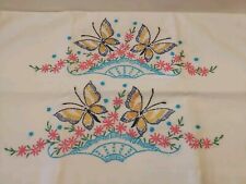Vtg. Pair Hand Embroidered Crochet Edge Cotton Pillowcases Butterflies New picture