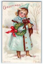 Greetings Postcard Girl Curly Hair With Dog Berries Whreath Winter Scene c1910's picture