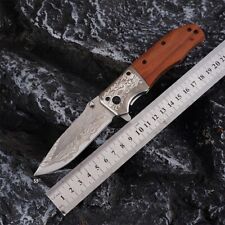 1pc, Large-damascus-steel-blade Folding Pocket Knife With Redwood Handle picture