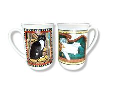 Vintage Russ Berrie Set of 2 Coffee Mugs Cups Cat Kitty Crazy Cat Lady Ying Yang picture