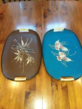 (CDR) --- Vintage Hand Painted Serving Trays w/ Bamboo Handles MCM Japan picture
