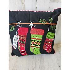 Stocking pillow Xmas 14x14 tree red green embroidered glitter picture