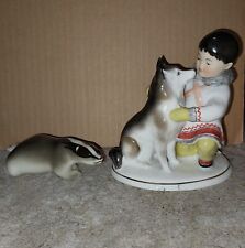 2 Vintage Lomonosov LFZ Porcelain Figurines Eskimo Boy & Husky Dog + Badger  picture