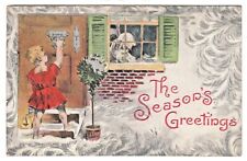 H M Rose New Year Vintage Postcard Child Knocks on Door Satchel TRC 1909 picture