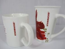 Pair of Starbucks Collectors Set of 2 Red Floral Burst Coffee Mugs Cup 2014 picture