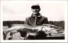 c1940s CANADA Real Photo RPPC Postcard Man with Really Big MUSKIE Fish / Unused picture
