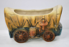 Conestoga Covered Wagon Planter Ceramic VTG Detailed Lantern Barrel Pottery picture