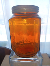 Vintage Amber 6 Panel Lidded Tabacco Jar Metal Lid rough lip picture