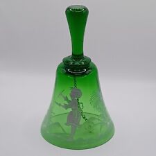 Vintage Emerald Green Bohemian Glass Hand Painted Bell Mary Gregory style 5.75
