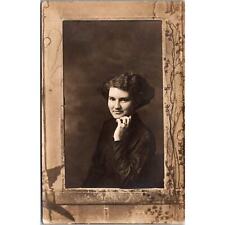 RPPC Vintage Postcard Woman with Ring In Fancy Frame Real Photo Portrait Azo picture