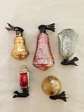 LOT OF 5 ANTIQUE VINTAGE RUSSIAN GLASS CHRISTMAS ORNAMENTS RARE CLIP ONS picture