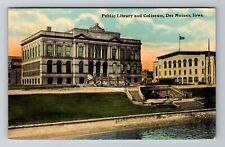 Des Moines IA-Iowa, Public Library, Coliseum, Antique Vintage Souvenir Postcard picture