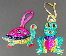 Two Ornaments Mexican Hand Painted Tin Metal  Turtle & Frog - Holiday picture