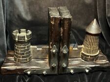 Vintage 60s Medieval Castle Towers Bookends Wood Carved Spanish Rustic picture