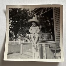 Vintage B&W Snapshot Photograph Adorable Little Boy Porch Sombrero Hat picture
