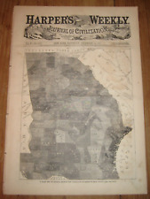 1861, Harper's Weekly, Front Page Slave Census Map of Georgia by County + picture