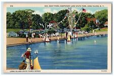 c1940's Sail Boat Pond Lake State Park Classic Cars Flag Hempstead N.Y. Postcard picture