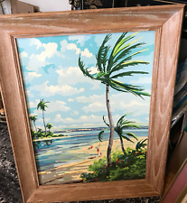 VTG MCM 1950'S PAINT BY NUMBER TROPICAL BEACH SCENE FRAMED LARGE picture