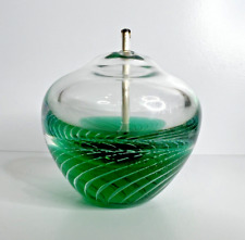 Vtg Oil Lamp Studio Art Glass Candle Decorative Green Swirl Iridescent Signed picture