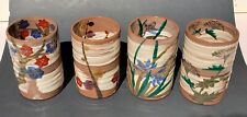 Vintage Japanese Art pottery Cup Hand Painted Red Clay Floral Set 6 Signed  picture