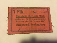 XXX RARE POW WW1 1917 Germany Banknote 1 MARK EISENWERK TRELENBERG Bill German  picture