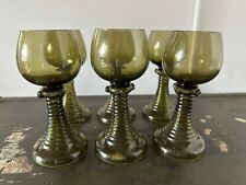 Six 1950s Roemer Vintage German Green Beehive Stems Wine Glasses Goblets picture