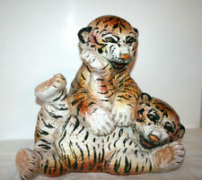 Large Terracotta Glazed Tiger Cubs Siblings Playing Sculpture Weighs 16 LBS picture