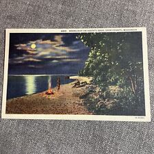 Door County WI Moonlight On Deaths Door Campfire Linen Postcard Wisconsin picture