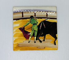 Vintage 1970s Matador And Bull Fighter Painted Art Tile Bull Festival 6” 18 picture