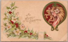1908 ART NOUVEAU Merry Christmas Postcard Pretty Lady / Holly - ROTOGRAPH Linen picture